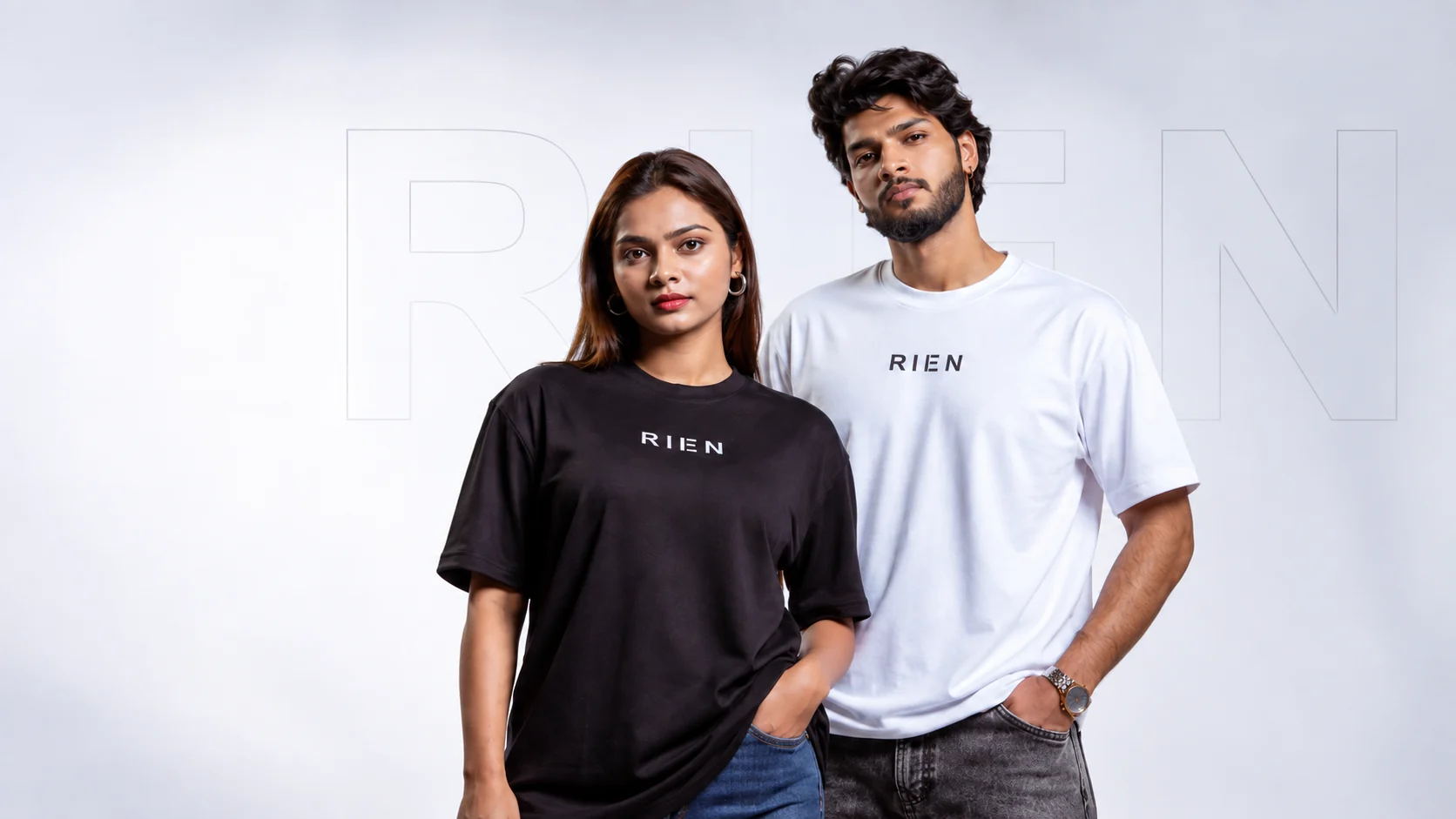 Rien models wearing black and white oversized tees